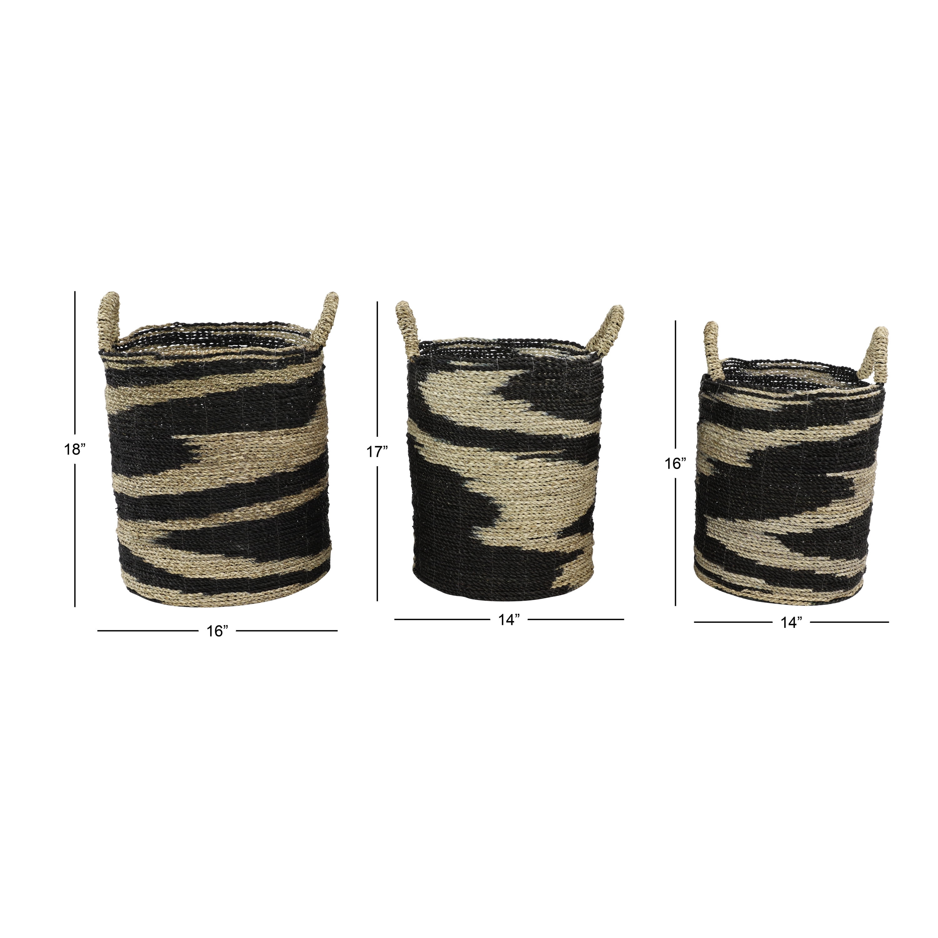 DecMode 18", 17", 16"H Black Seagrass Handmade Two Toned Storage Basket with Handles, 3-Pieces