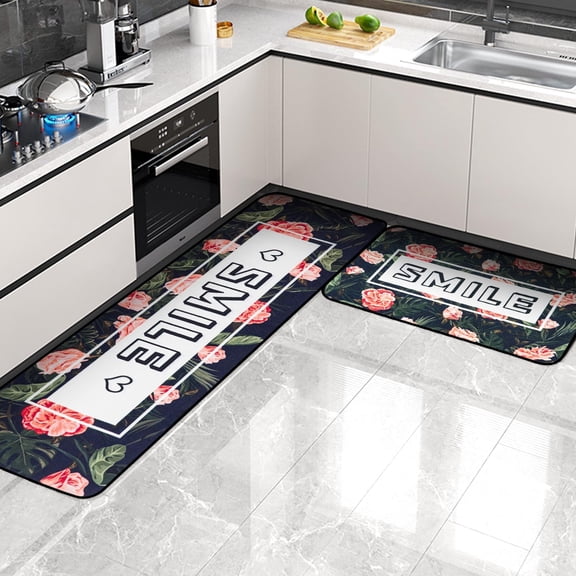 Kitchen Rug Sets 2 Pieces Non Slip Rugs Mats Runner Rug 17"x48" 17"x24" Washable for Floor Hallway Laundry Room Doormat Standing Mat Carpet Rose Flower Smile