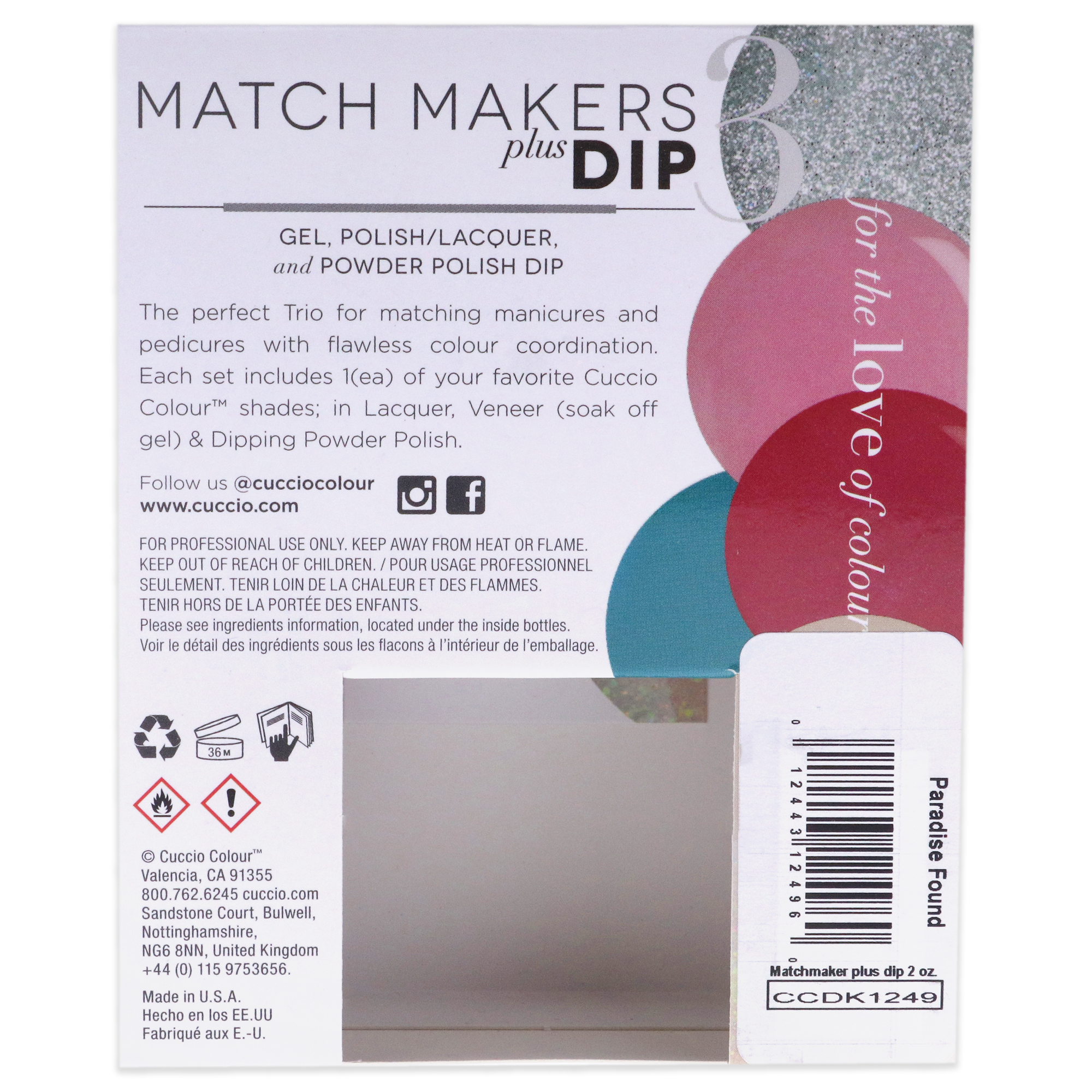 Match Makers Plus Dip - Paradise Found by Cuccio Colour for Women - 3 Pc 1.6oz Pro Powder Polish Dip System, 0.44oz Veneer Soak Off Gel, 0.43oz Colour Nail Polish