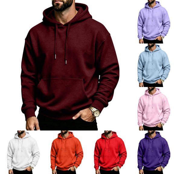 Men's Cotton Pullover Hoodie Sweatshirt Fall Winter Drawstring Long Sleeve Sweatshirt Casual adjustable drawstring hood With Kanga Pockets Wine 2XL