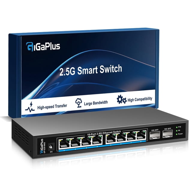 Commutateur Ethernet Non Géré 10 Ports 2,5 Go avec 8* Ports Base-T 2,5g, 2* Ports SFP+ 10G. Commutateur Réseau GiGaPlus 2,5gbps pour 2,5gbps NAS/PC, Route WiFi6