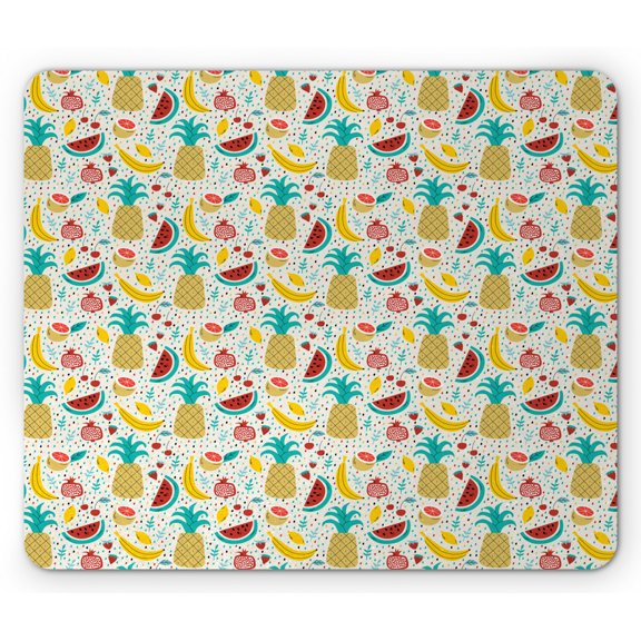 Doodle Mouse Pad, Fruits Banana Pomegranate Pineapple Watermelon Lemon Kitchen Cafe Abstract Graphic, Rectangle Non-Slip Rubber Mousepad, Multicolor, by Ambesonne