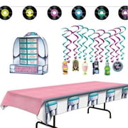 Fabulous 50's Oldies Theme Sock Hop Birthday Party Supplies Decorations Kit Table Cover, Hanging Whirls, Record Albums Banner, Jukebox Tabletop Centerpiece Set Bundle