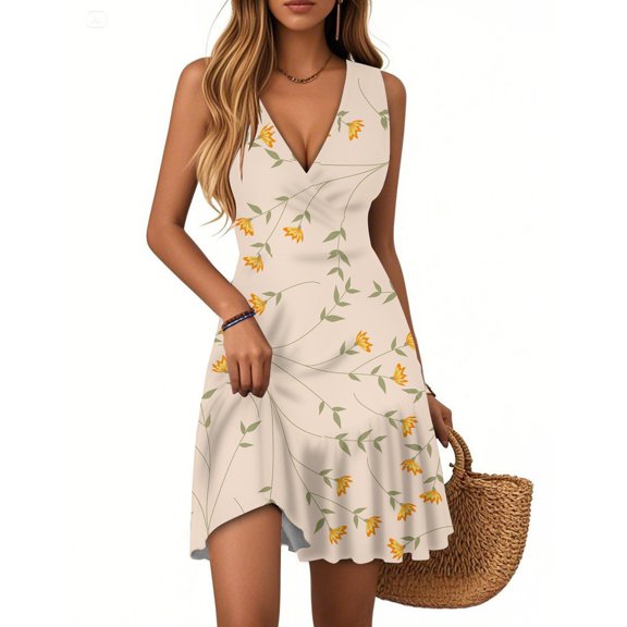 WTOBBY Women's Summer Casual V-Neck Sleeveless Floral Print Pleated Hem Dress with Lightweight Chiffon Fabric for Beach Vacation and Outdoor Activities ,BeigeL