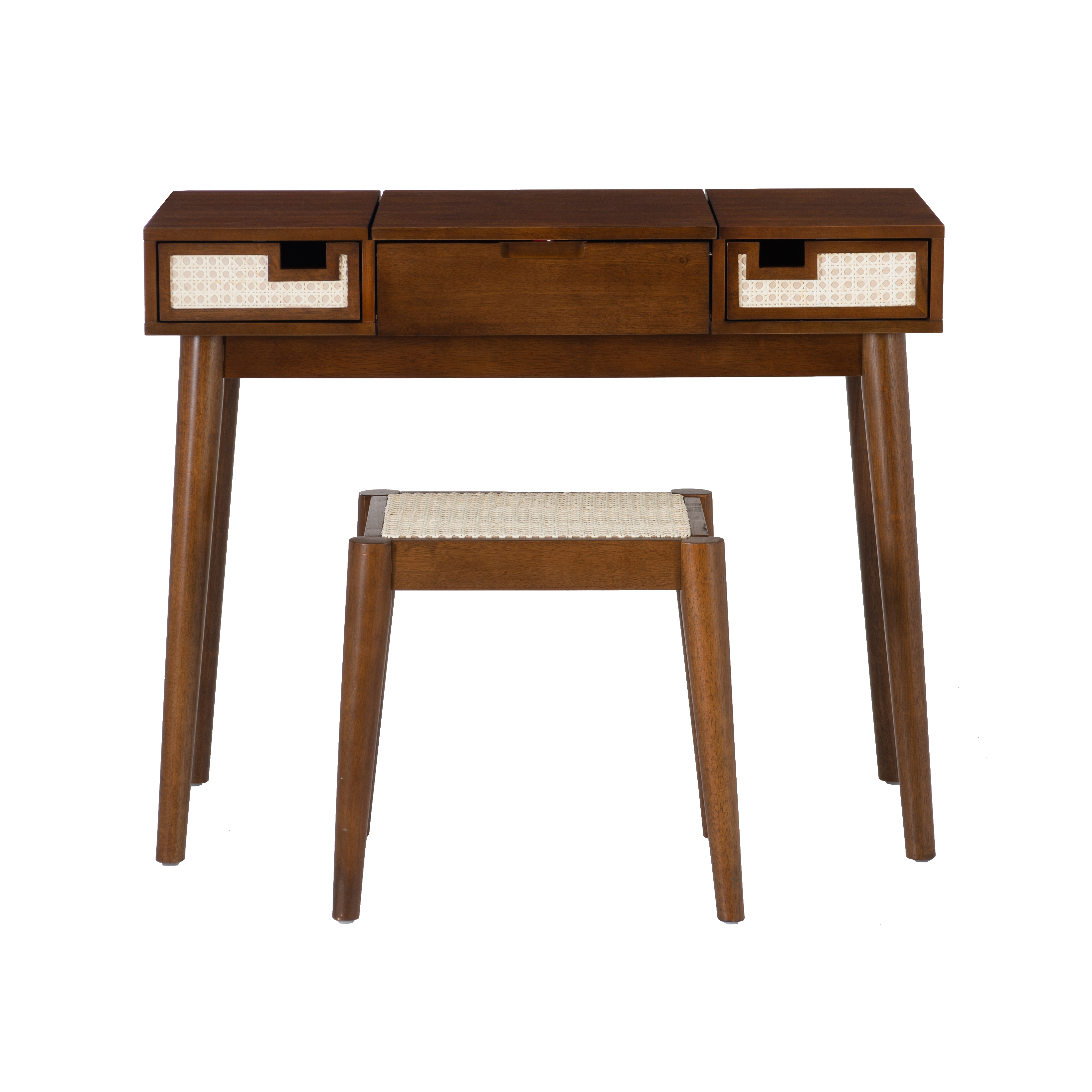 Linon Cassidie 2-Piece Cane Front Vanity Set with Mirror and Stool, Walnut