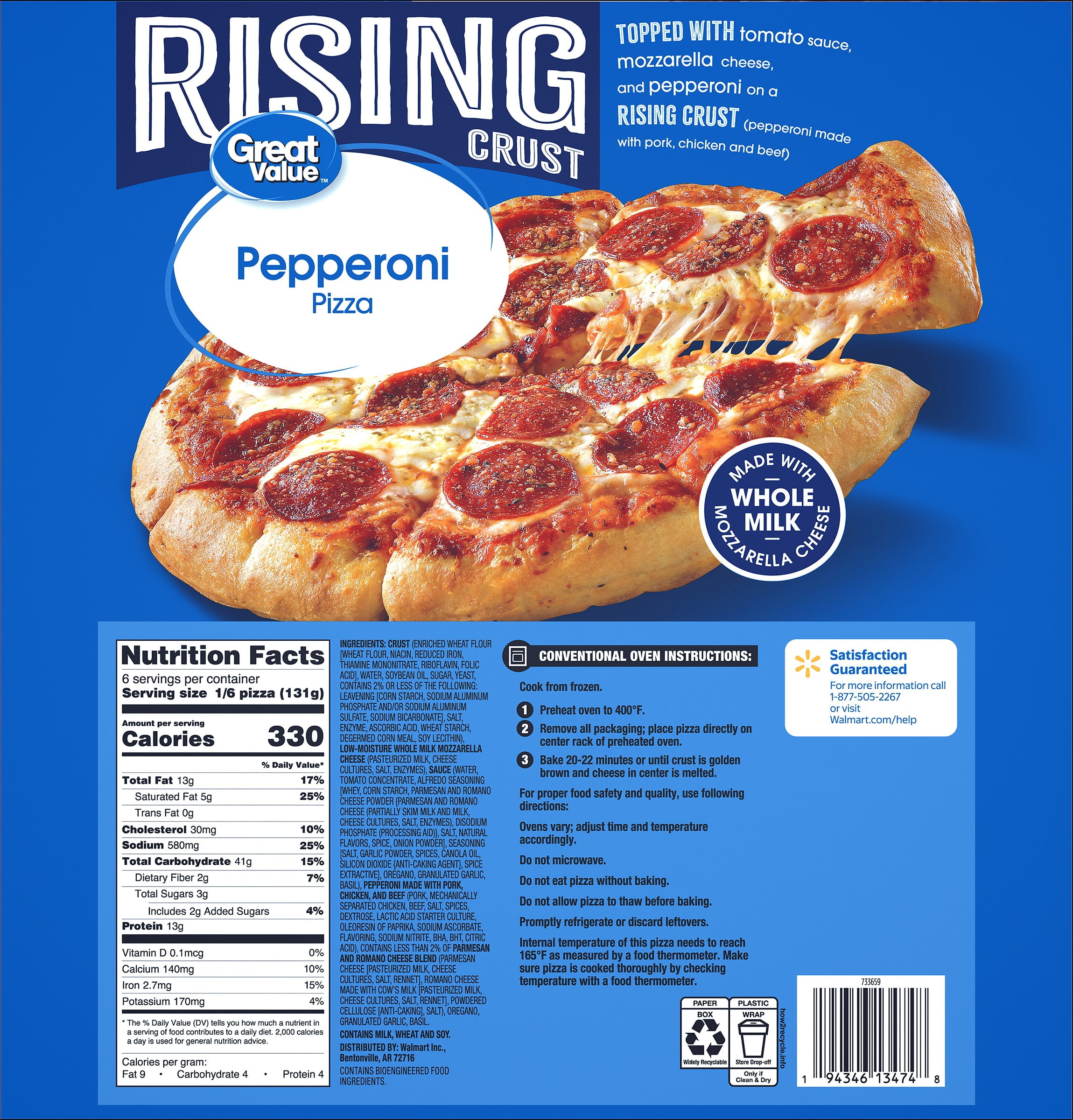 Great Value Rising Crust Pepperoni Pizza, Marinara Sauce, 27.65 oz (Frozen)