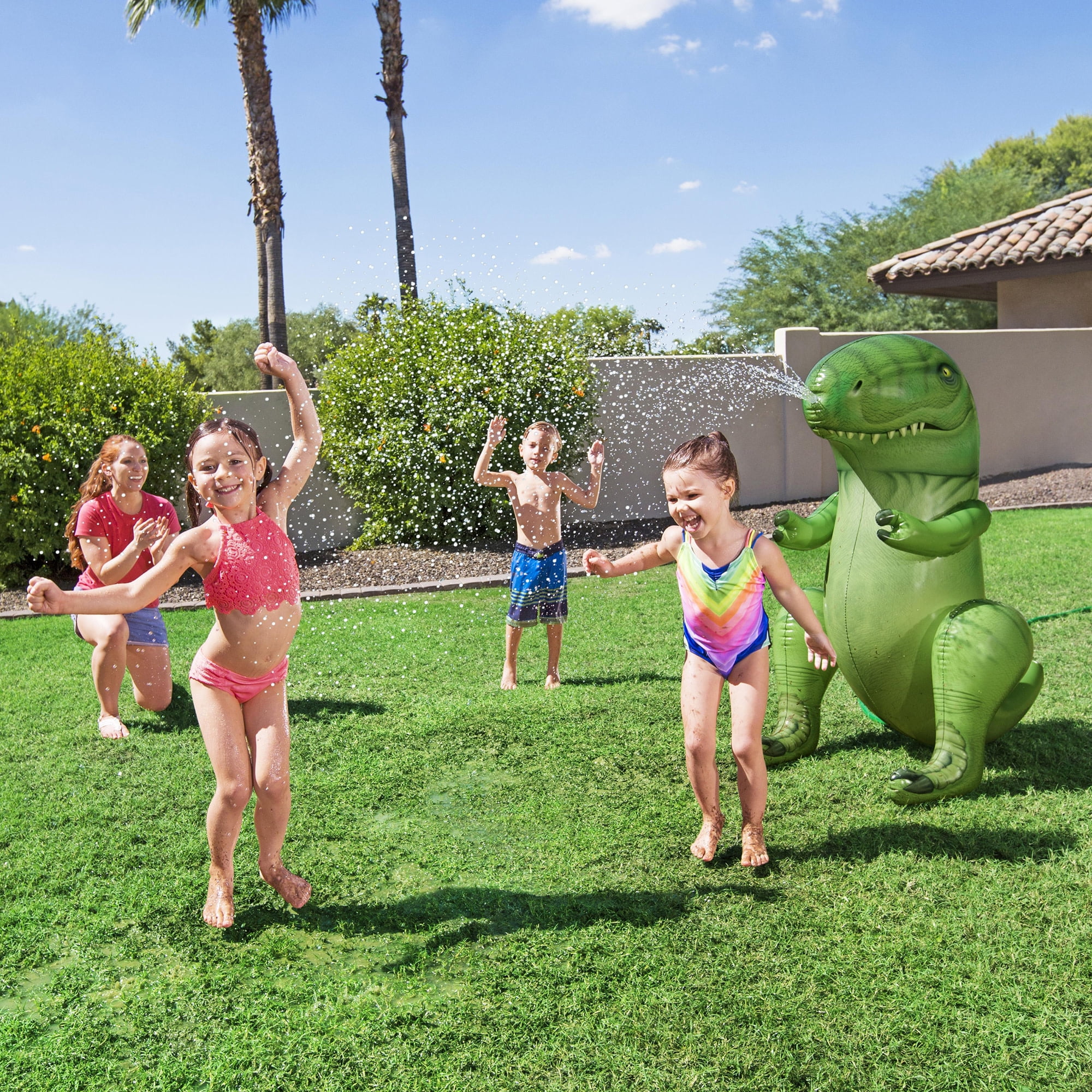 H2OGO! Inflatable Dinomite Sprinkler - Green Dinosaur, T-Rex Snout-Head Sprays Water, Outdoor & Backyard Toy Play, Hose Attaching, Toddlers & Kids 2+