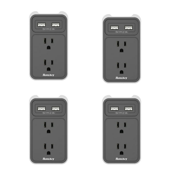 Huntkey Wall Mount Outlet with Dual 2.1 Amp USB Ports and Outlets, Gray (4 Pack)