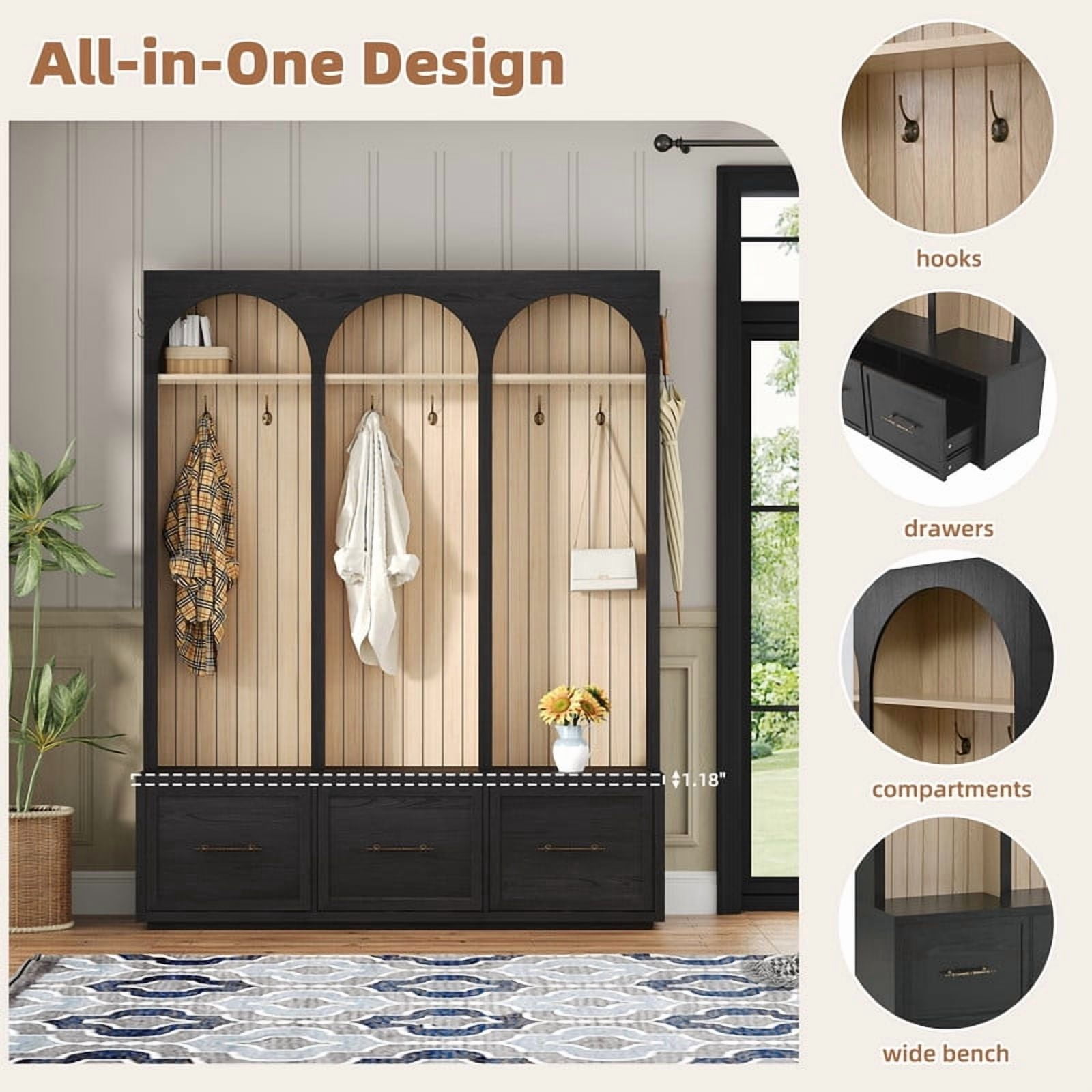 Farmhouse Arched Design Hall Tree with Retro Hooks, Entryway Seating Bench with 3 Storage Drawers, Elegant Coat Rack for Living Room