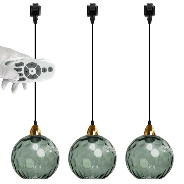 FSLiving Dimmable Juno Track Lighting Pendants, J-Type Track Mounted Remote Control Modern Socket Water Ripple Dark Green Glass Globe Chandeliers for Bar 3 Lights Kitchen Ceiling Customizable