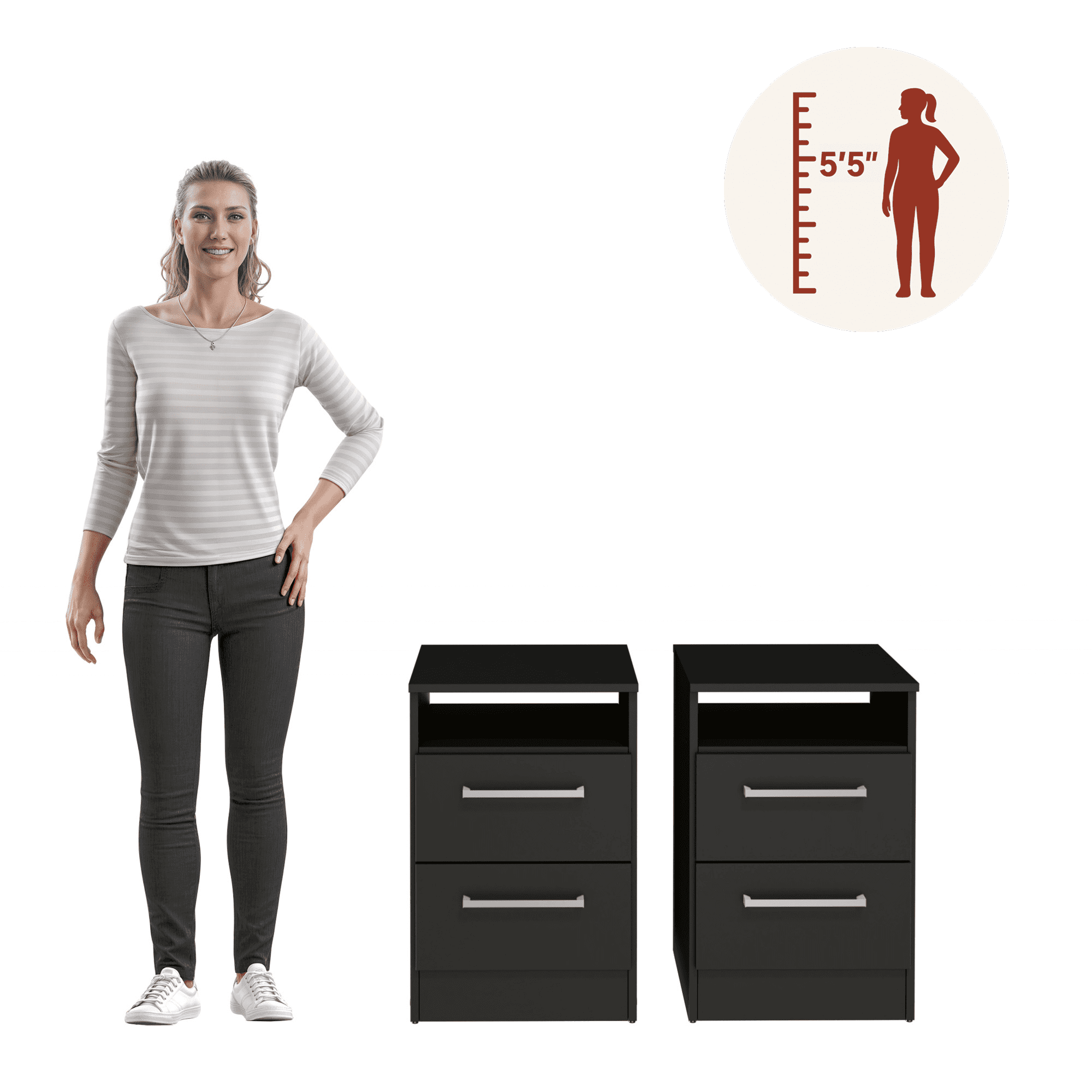 Kappesberg Miami 2-Piece Modern Black Nightstand Set with Drawers and Open Shelf - for Adults and Teens