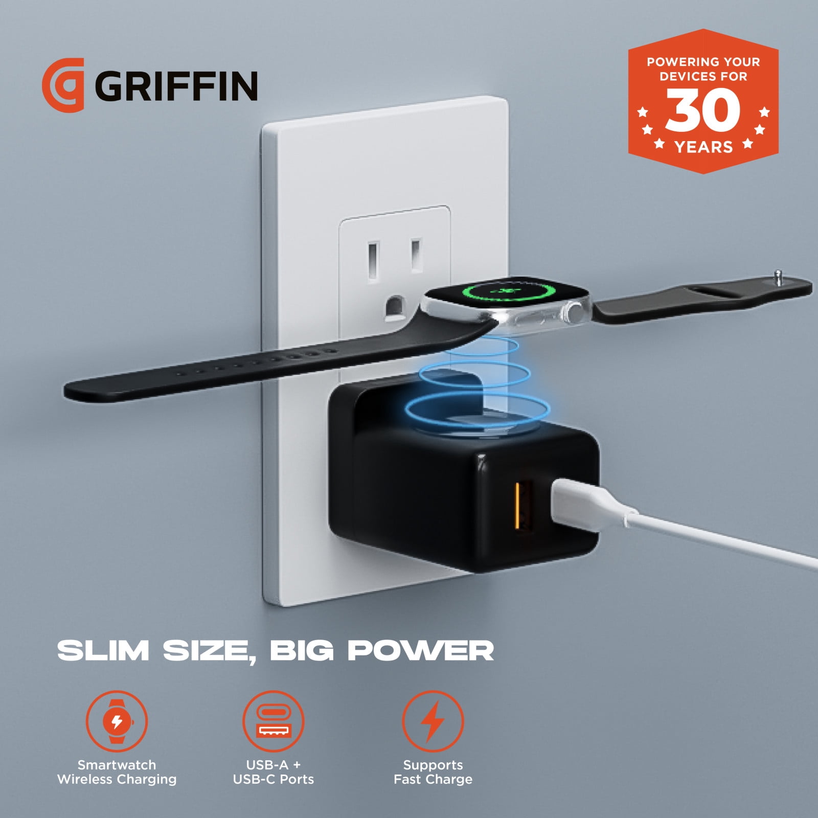 Griffin PowerBlock 20W Wall Charger with Smartwatch Wireless Charging, Dual USB-A & USB-C Ports, Fast Charging for Phones and Smartwatches