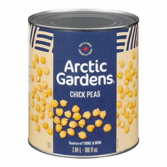Arctic Gardens Bean Chickpea 2.84L/96oz can with a blue and beige label featuring scattered chickpea illustrations. The label highlights 'Source of Fibre & Iron' and includes the Arctic Gardens logo. Ideal for soups, salads, hummus, and other recipes.