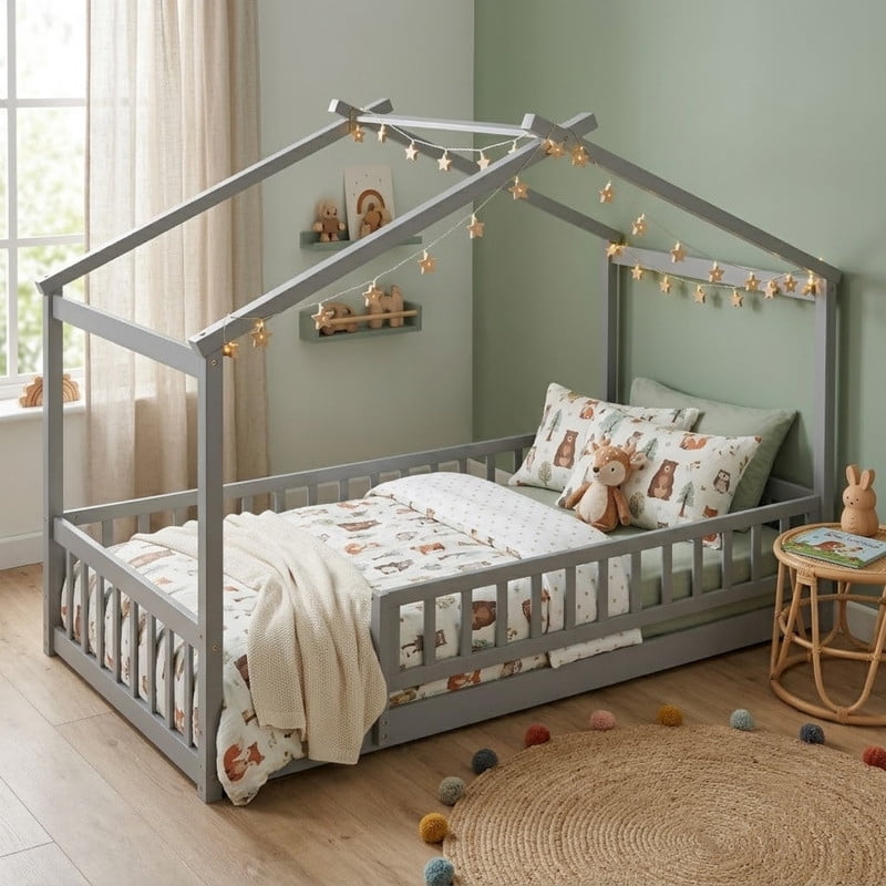 Twin Size Wood House Bed Floor Bed with Fence and Guardrails, Kids Playhouse Bed Toddler Bed Montessori Bed for Kids Boys Girls, No Box Spring Needed