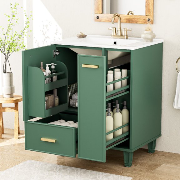 24" Bathroom Vanity with Ceramic Sink and Deep Drawer, Bathroom Cabinet with Door Shelf, 2-Tier Pull-Out Basket, Solid Wood Frame and MDF Board, One Package, Faucet Not Include, Green