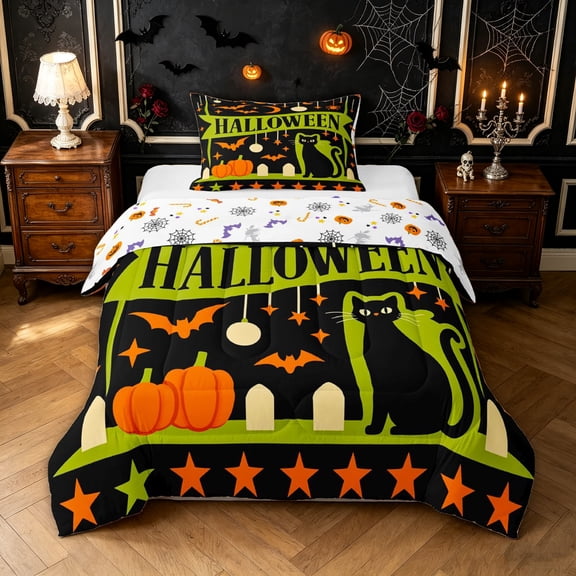 Feelyou Spooky Cat Pumpkin Twin Comforter Sets, Cartoon Bat Spider Bedding Set, Black Green, Halloween Reversible, 2pcs, 1 Comforter and 1 Pillowcase