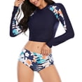 thumbnail image 3 of Defitshape Women's Long Sleeve Swimsuit Sun Protection Zip Rash GuardTankini 2 Piece Bathing Suit Floral Printed Navy Large, 3 of 5