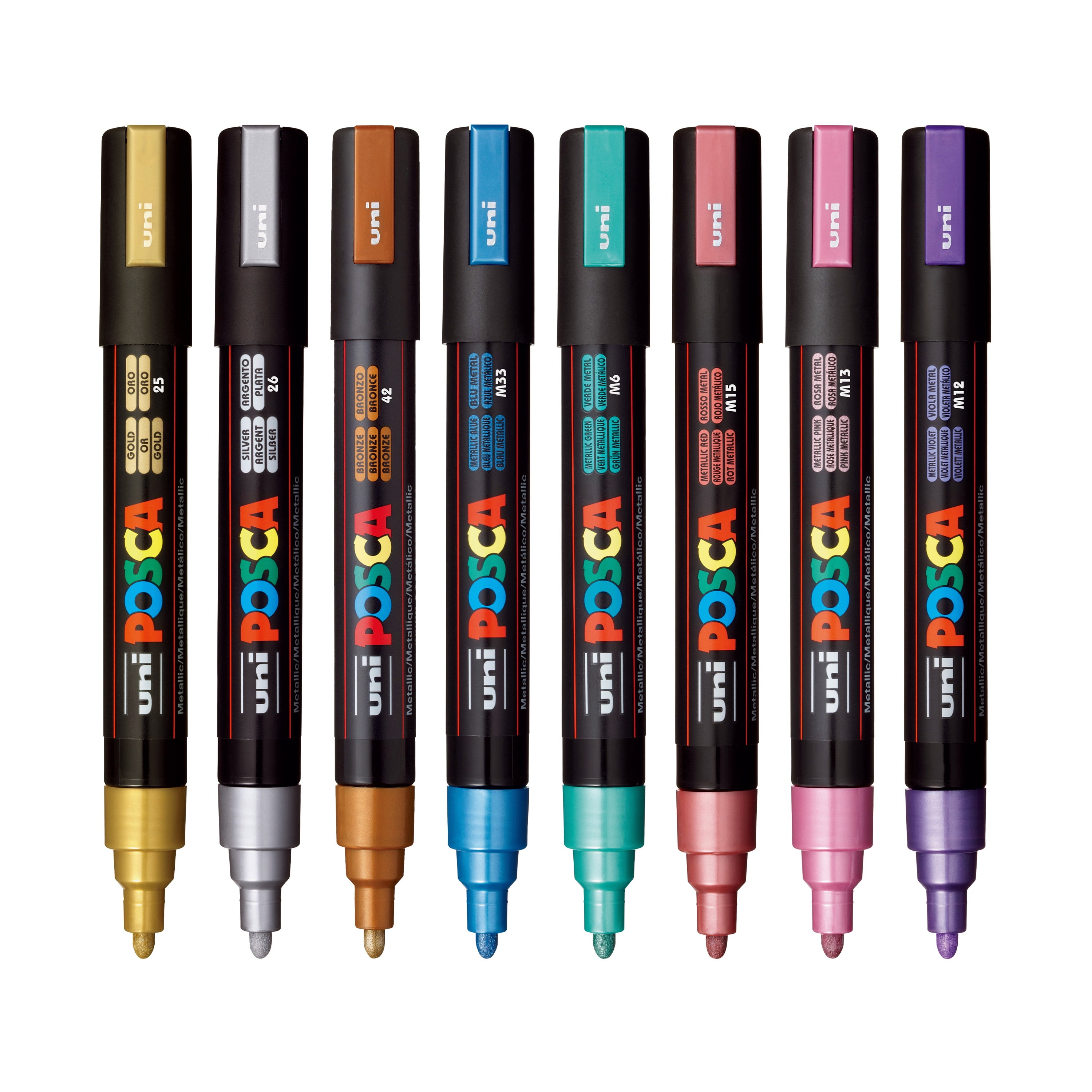 Uni POSCA PC-5M Metallic Paint Markers – 8 Shimmer Colors, Reversible Medium Tip (1.8-2.5mm), Acrylic Paint Pens for Artists