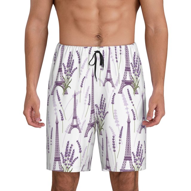 Balery Lavender Flowers Pantalones cortos de pijama de punto de algodón para hombre con cinturilla y bolsillos-3X-Large