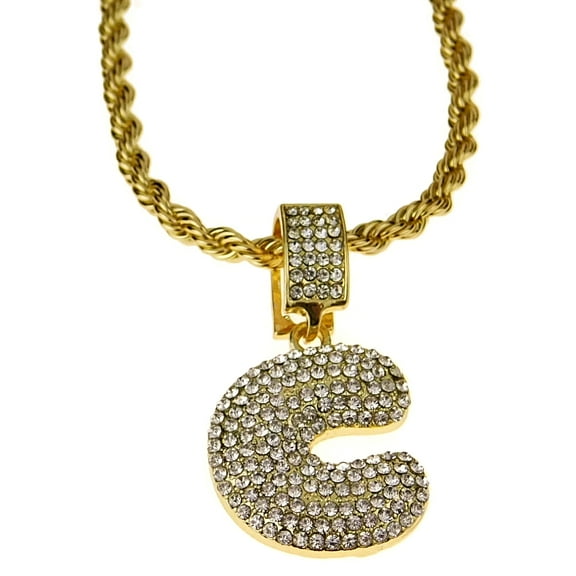 Bubble Letter C Block Initial 24" Rope Chain Bling Pendant Gold Finish Monogram Name Necklace
