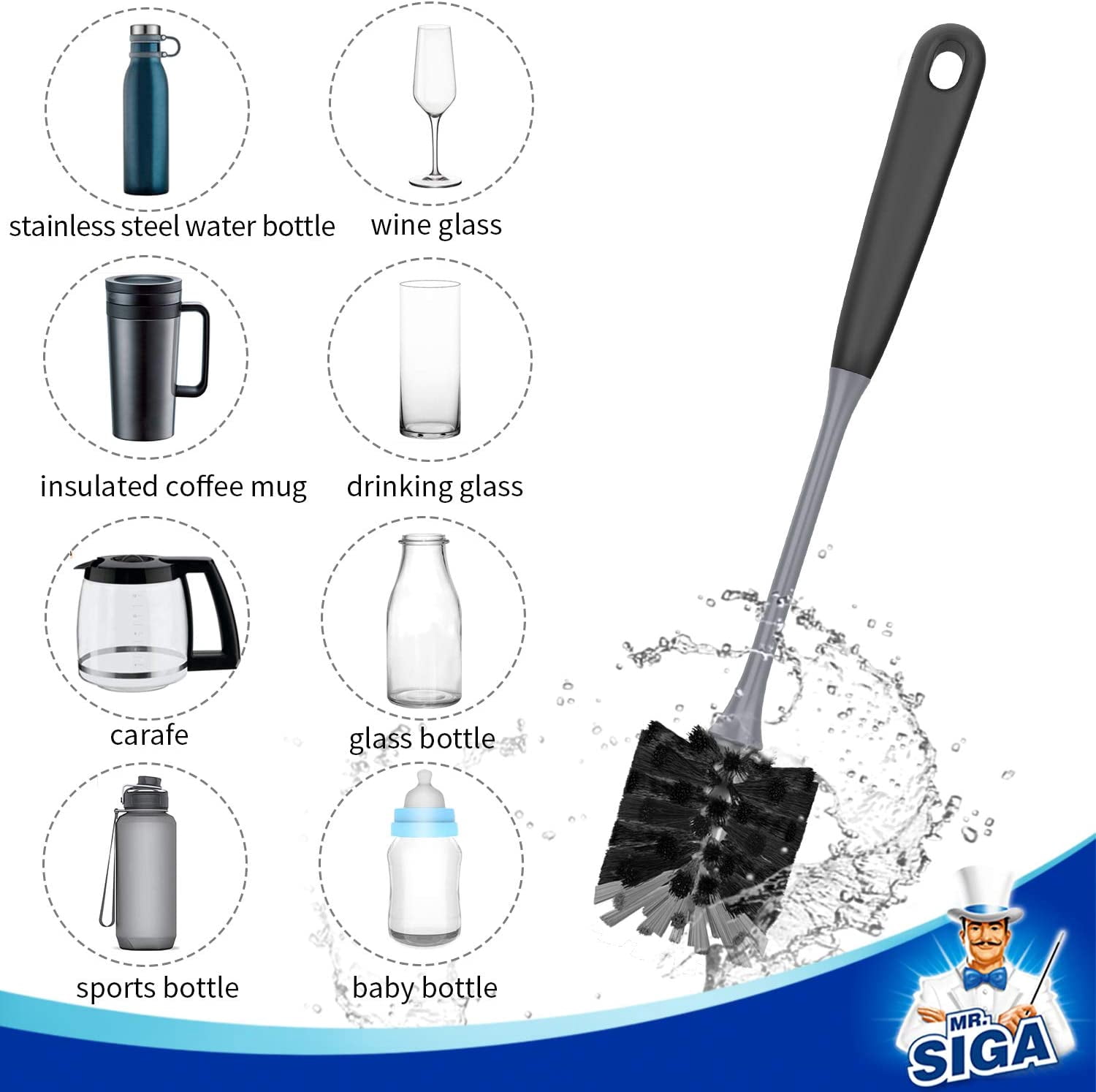 Long Handle Bottle Brush, Flexible Scrub Brush for Water Bottles, Glasswares, Mugs, Black, 2 Pack