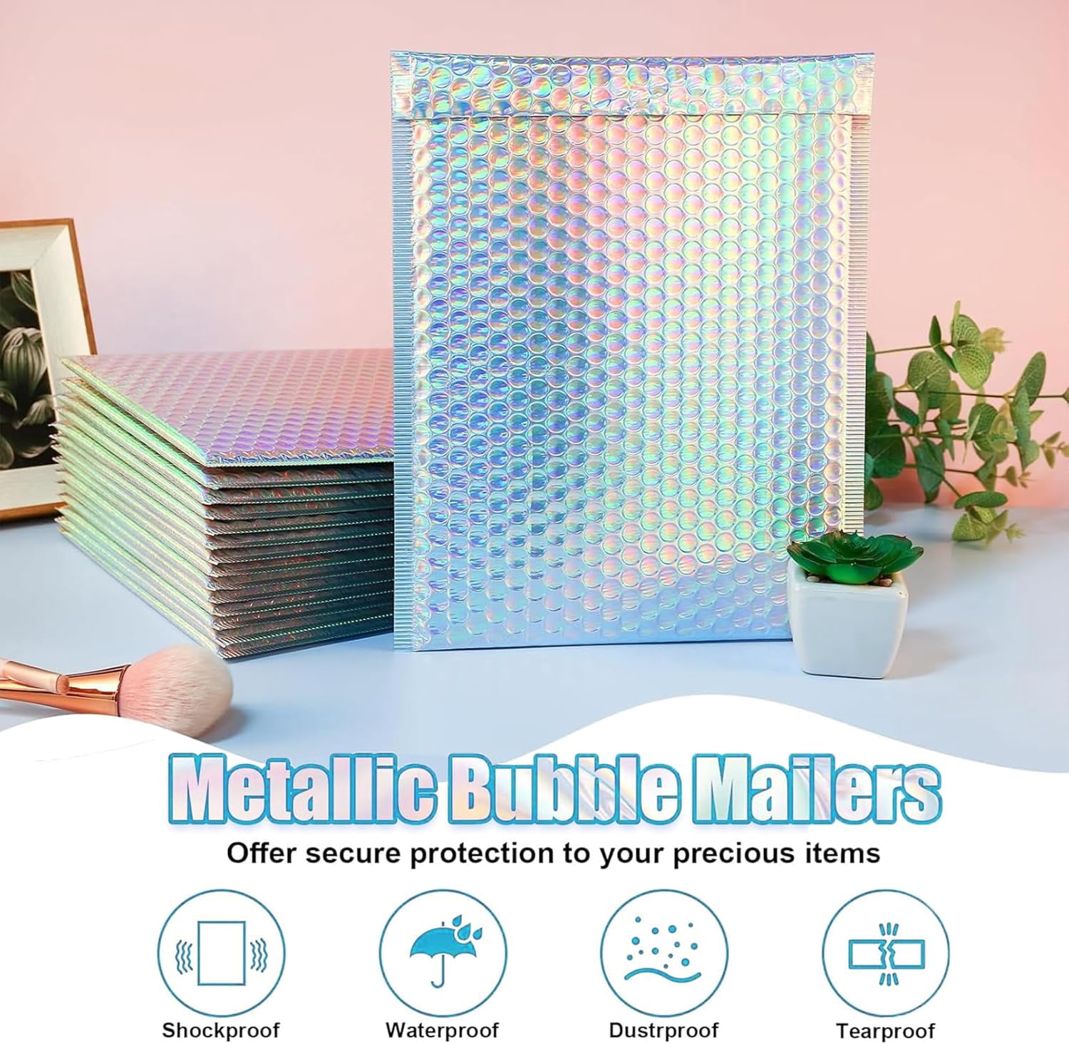 25 Pcs Metallic Bubble Mailers,8.5x12 Inch Holographic Bubble Mailers,Self Seal Waterproof Shipping Bags,Poly Padded Envelopes for Mailing Packaging Small Business