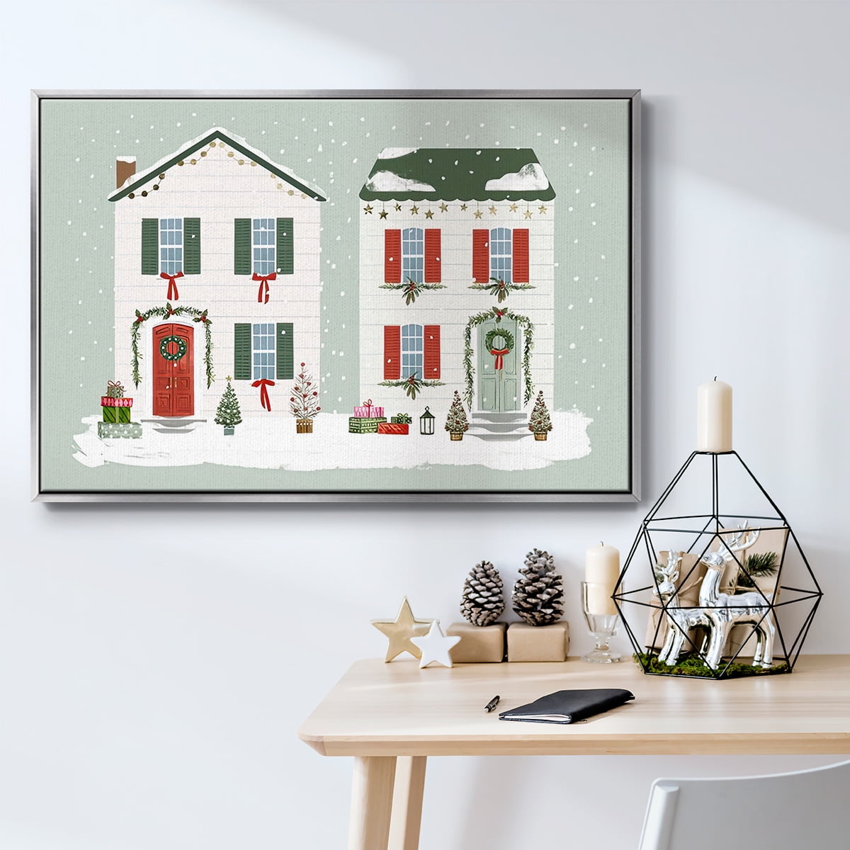 Festive Front Door Collection A - Framed Gallery Wrapped Holiday Canvas - 27 x 41 - Silver Frame