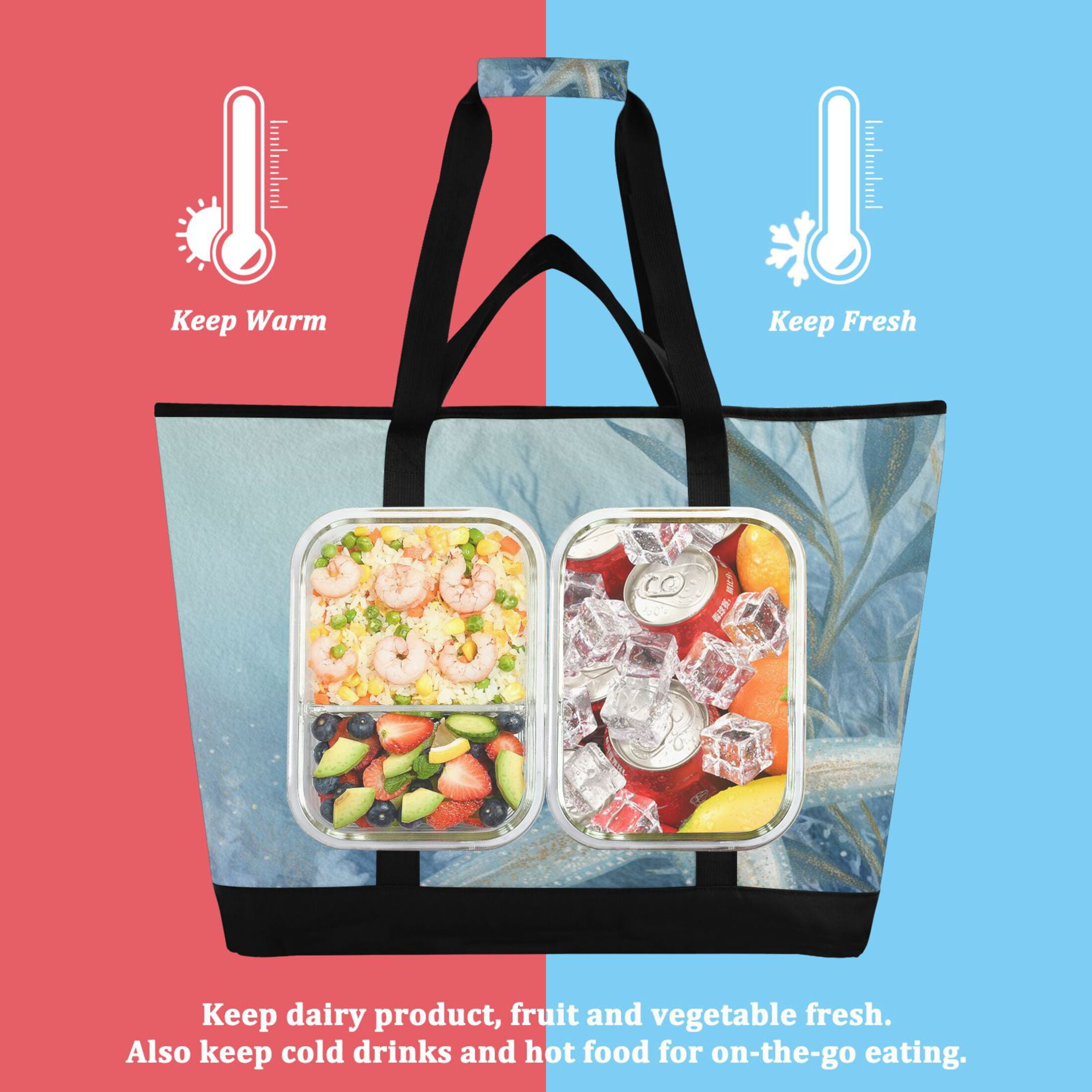 Large Hand-held Ice Pack Picnic Bag Insulation and Refrigeration Suitable for Shopping Picnics and Camping Blue Starfish Pattern