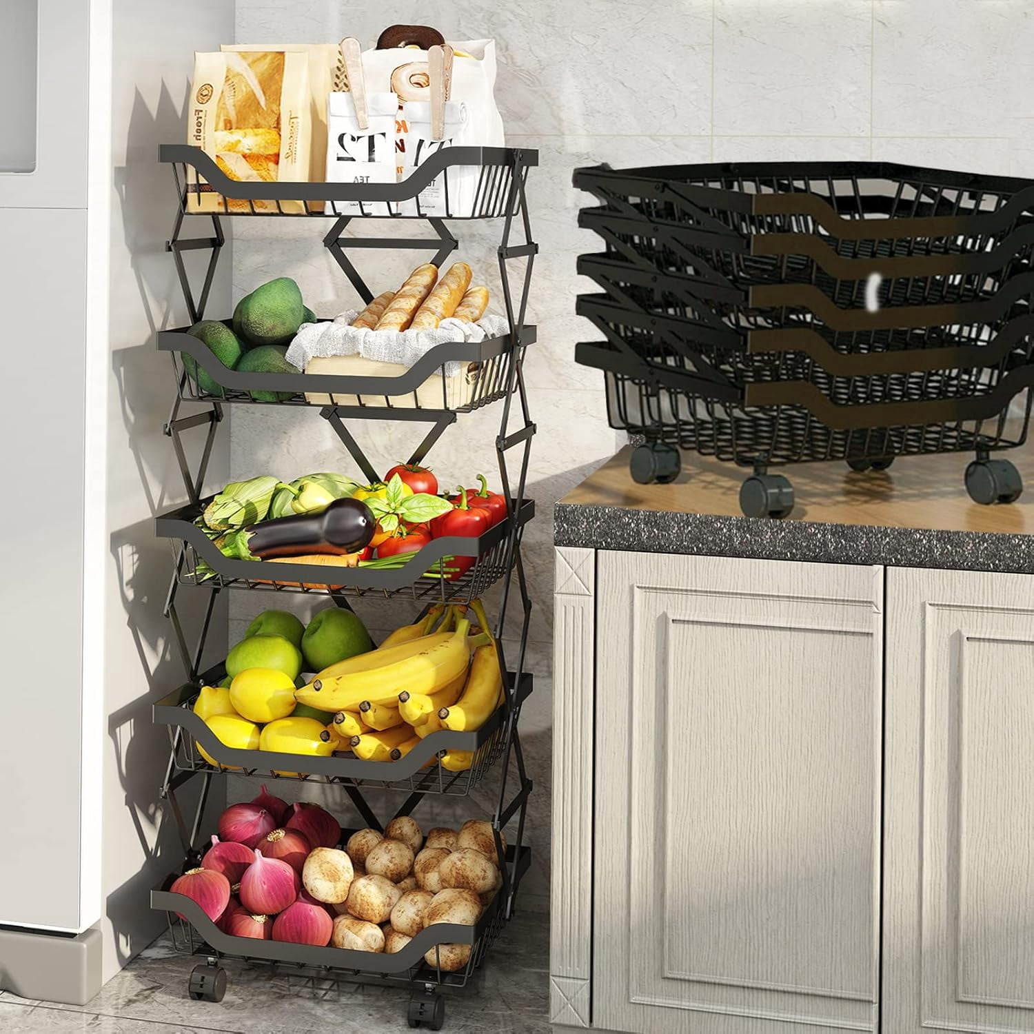 Alexent 5-Tier Foldable Rolling Storage Cart, No Assembly, Space-Saving Metal Organizer with Wheels for Kitchen Pantry Bathroom