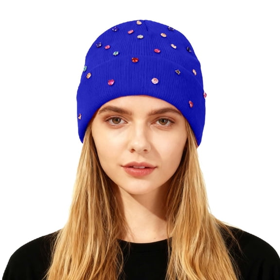AWZXDE Fashion Rhinestone Detail Beanie Hats For Women Edgy Style Knit Pullover Cap With Studs For Autumn Winter Blue