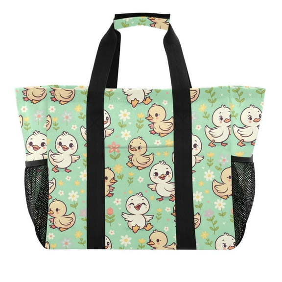 Cartoon Duck and Flowers Reusable Grocery Bags with Handle Side Pocket Waterproof Shopping Portable Tote
