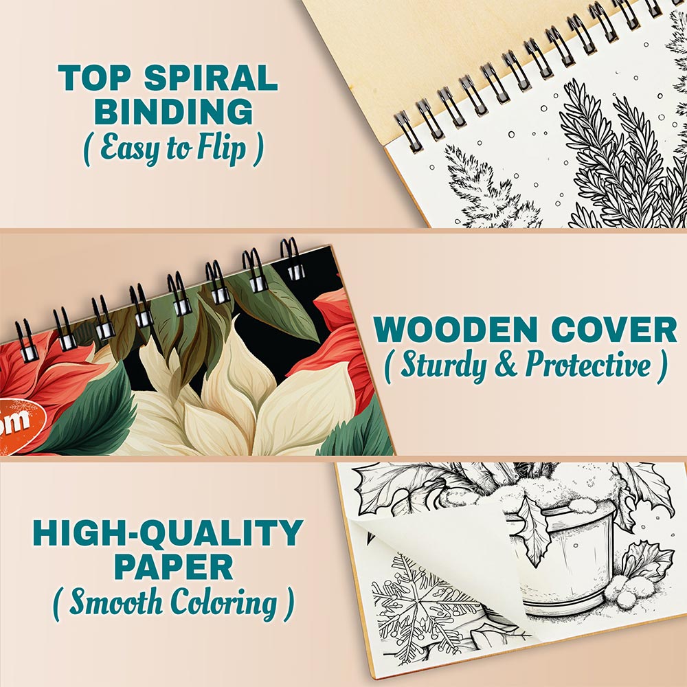 Netecom Winter Nature Coloring Book Spiral Bound for Adults, A5 Wooden Cover, 30 Beautiful Coloring Pages of Forest in Peaceful Snowy Landscapes for Stress Relief and Relaxation
