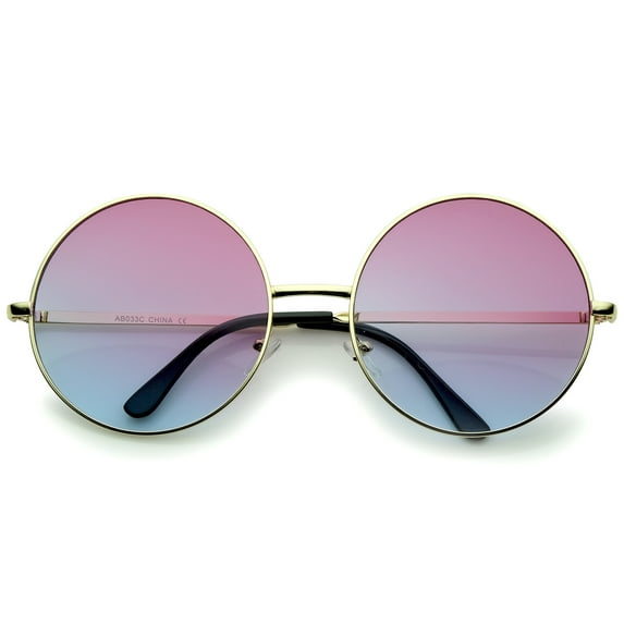 Super Oversize Slim Temple Colorful Gradient Lens Round Sunglasses 61mm (Gold / Pink-Blue)