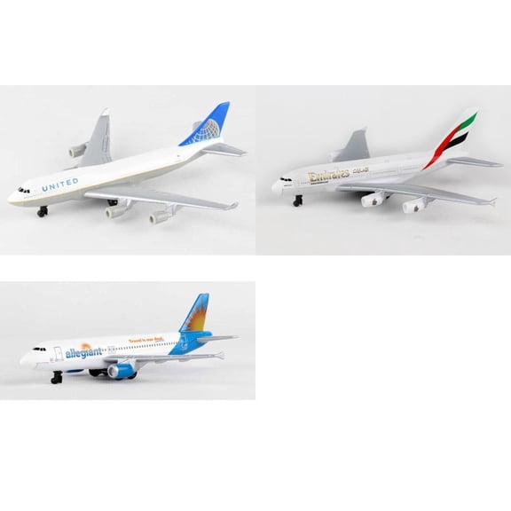United, Emirates, Allegiant Airlines Diecast Airplane Package - Three 5.5" Diecast Model Planes