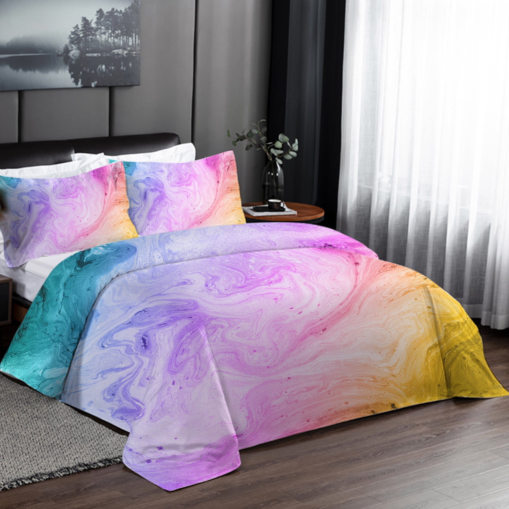 Queen BlessLiving Colorful Marble Bedding Pastel Pink Blue Purple Duvet Cover Set Marble Abstract Art Bed Set 3 Piece Bright Girly Bedspreads