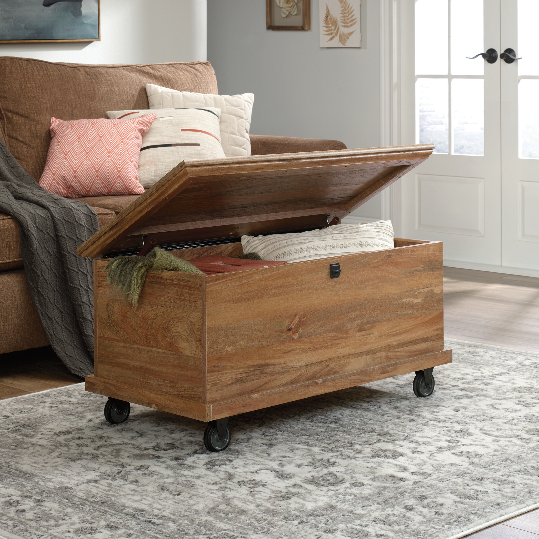 Sauder Eden Rue Rolling Wooden Blanket Chest, Sindoori Mango Finish