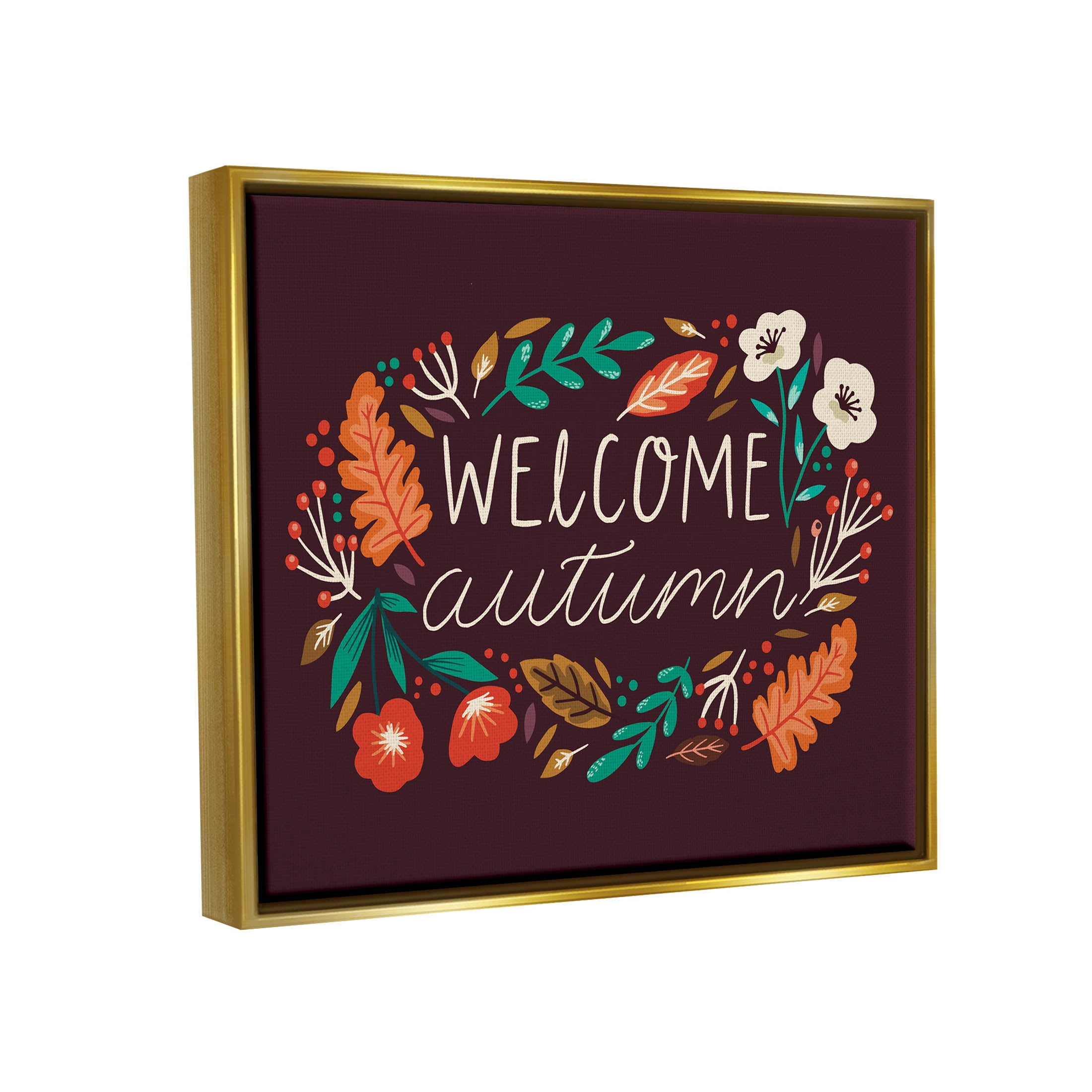 Welcome Autumn Fall Botanicals Holiday Graphic Art Metallic Gold Framed Art Print Wall Art
