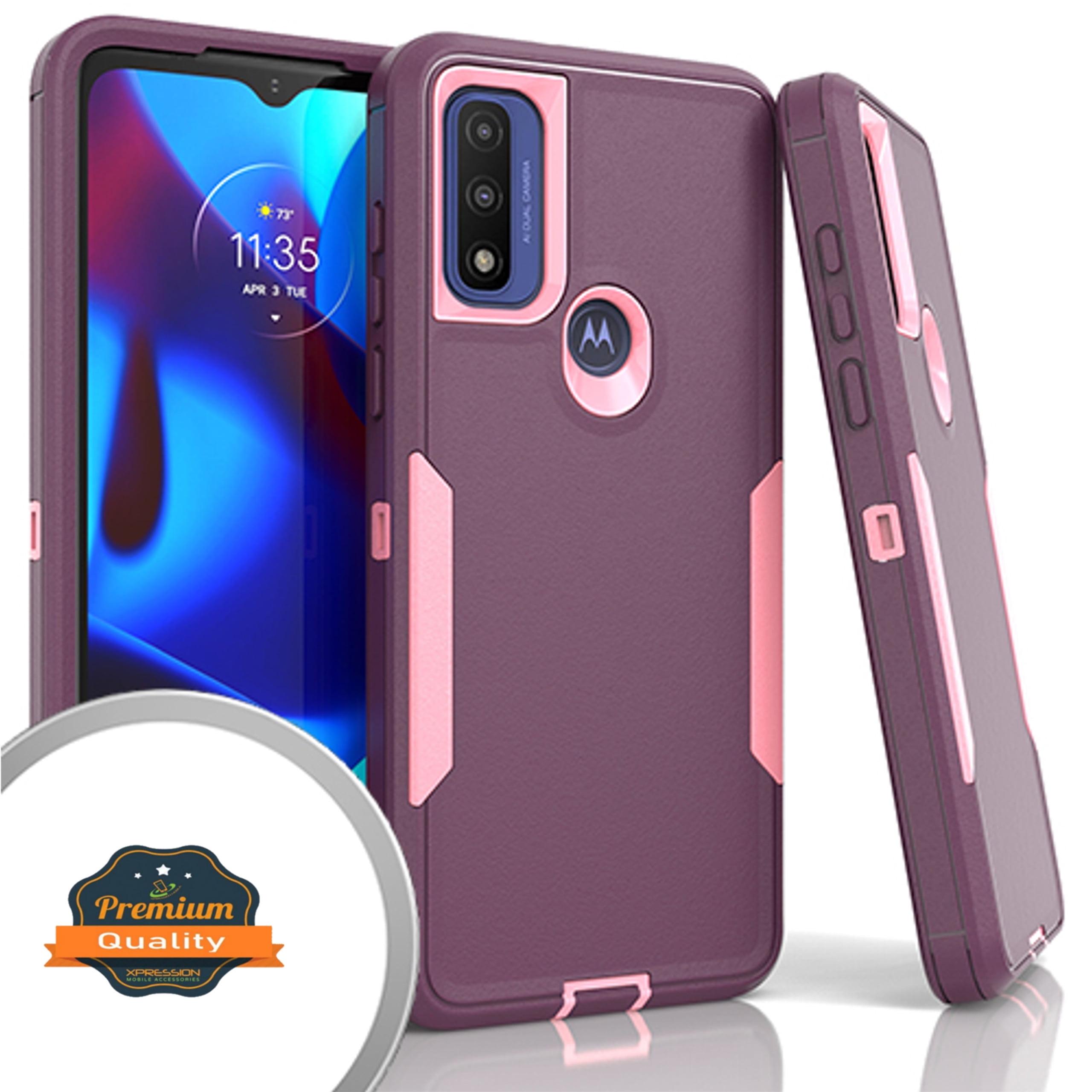 Xpression Case for Motorola Moto G Pure Slim Hybrid Shockproof Silicone Rubber TPU Heavy Duty Hard Protective Three Layer Full Body Phone Cover [Purple Pink]