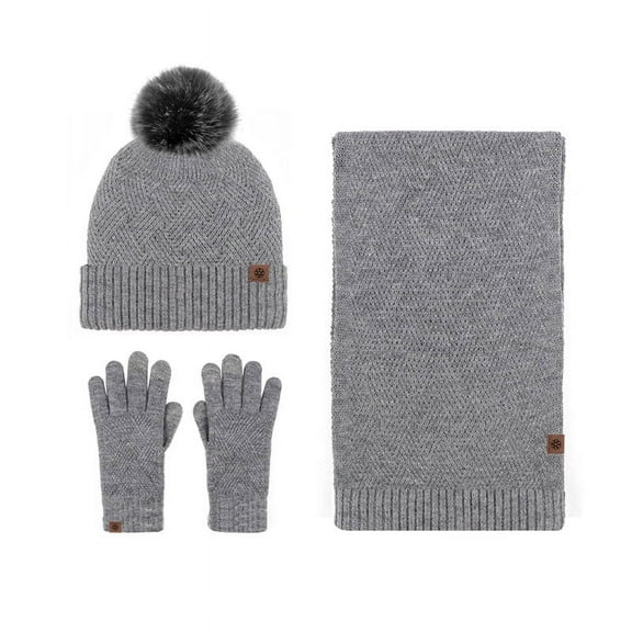 New Solid Color Wool Warm Hat Scarf Gloves Three-piece Set Of Cold Wool Ball Plus Velvet Knit Set Gray
