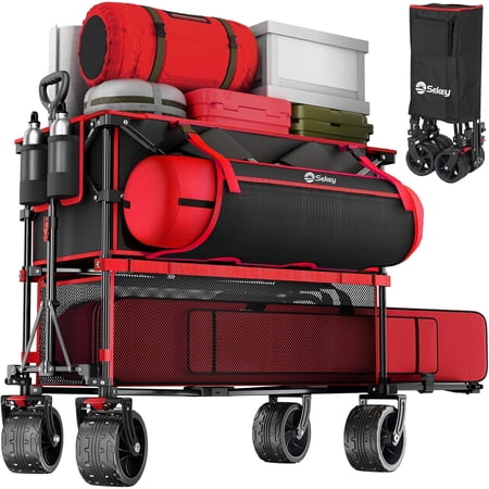 400L Large Capacity Folding Double Decker Wagon with Brakes, 50" Extra Long Extender Cart, 500lbs Heavy Duty Collapsible Wagons, All-Terrain Big Wheels for Camping, Sports, Shopping. Red&Black