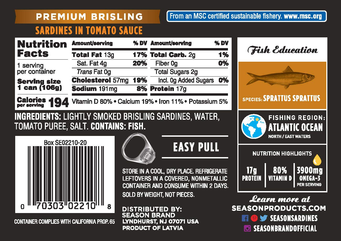 SEASON Brand Wild Caught Brisling Sardines in Tomato Sauce - 3.75 Oz, 12 Pack