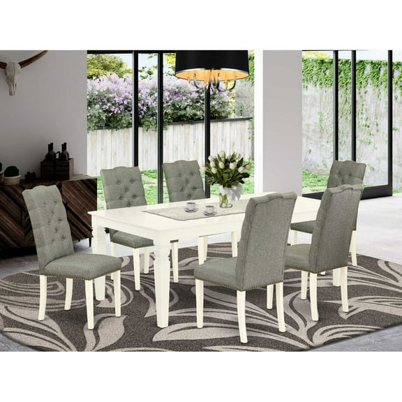 East West Furniture WEEL7-WHI-07 7-Piece kitchen table set- 6 parson dining room chairs and Butterfly Leaf dinner table solid wood frame -High back & Linen White Finish