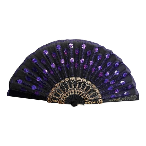 Elegant Handheld Folding Fan with Peacock & Flower Embroidery รขยย Sequin Fabric, Lace Trim, Hand-Crafted for Women, Flamenco, Raves & Parties