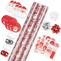LeZakaa Christmas Wrapping Paper Bundle - Mini Roll with Bow, Ribbon, Sticker and Gift Tag - Pink Metallic Foil Design with Snowflakes/Santa Claus/HO Print -17 x 120 inches -3 Rolls(42.5 sq.ft.ttl.)