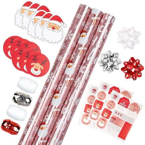 LeZakaa Christmas Wrapping Paper Bundle - Mini Roll with Bow, Ribbon, Sticker and Gift Tag - Pink Metallic Foil Design with Snowflakes/Santa Claus/HO Print -17 x 120 inches -3 Rolls(42.5 sq.ft.ttl.)