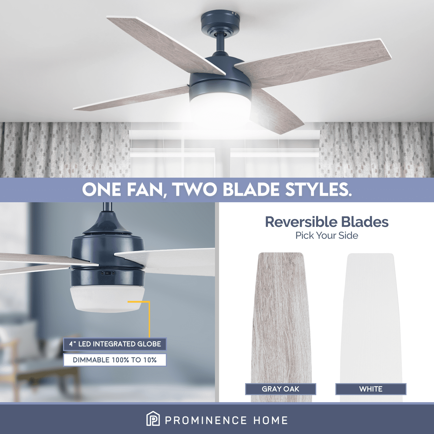 Prominence Home Atlas 44" Blue Ceiling Fan with Light, Remote Control, 4 Blades & Reverse Airflow