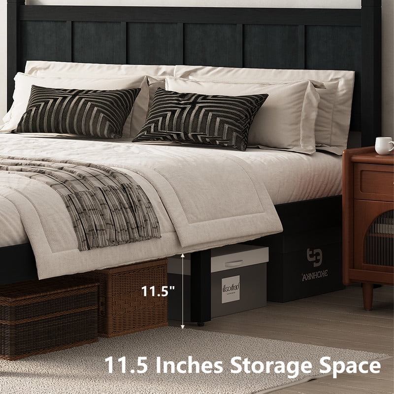 Queen Size Farmhouse Platform Bed with Flat Panel Designed Headboard & Footboard, Minimalist Wood Bed Frame with Under-Bed Storage