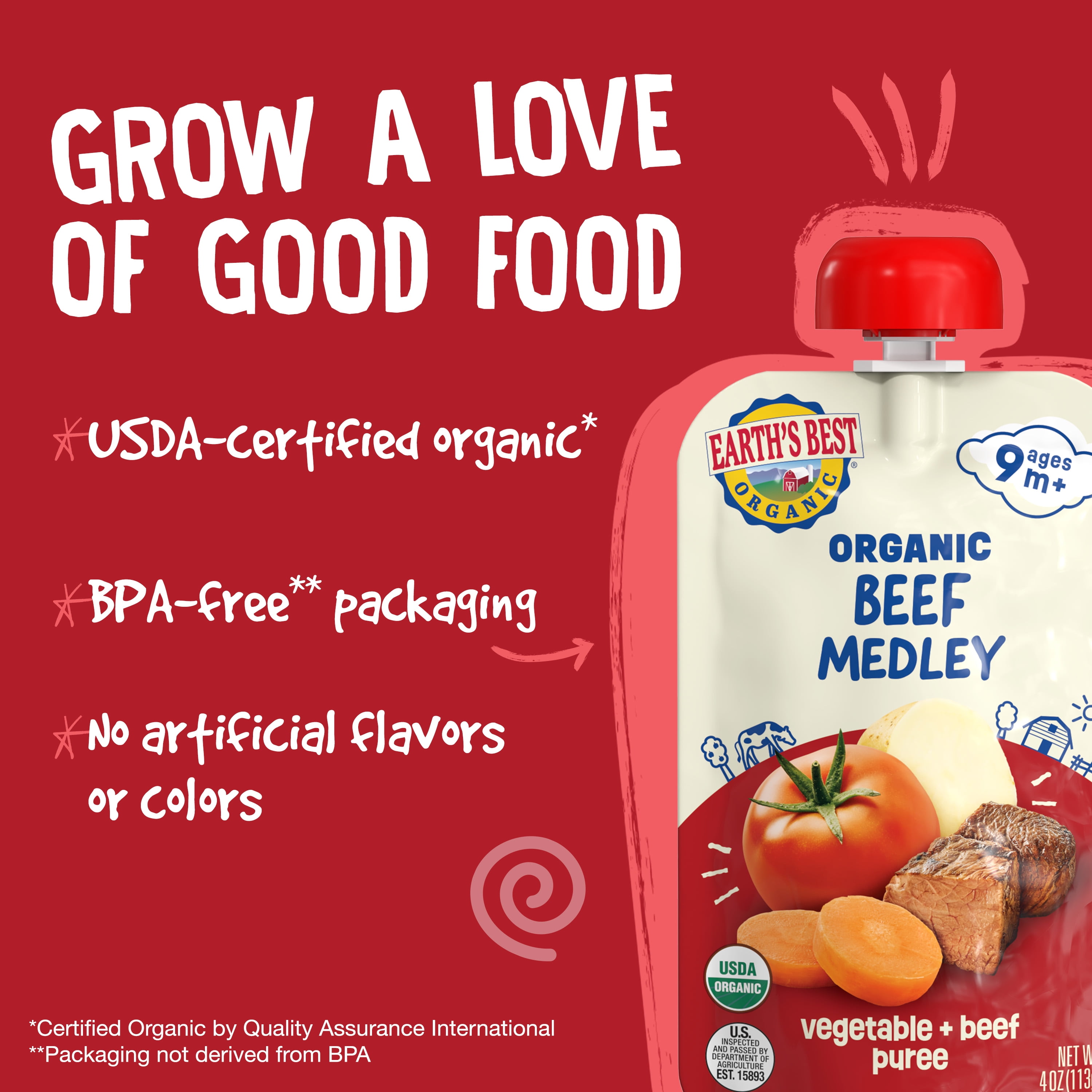 (3 pack) Earth's Best Organic Stage 3 Baby Food, Beef Medley Protein & Veggie Puree, 4 oz Pouch