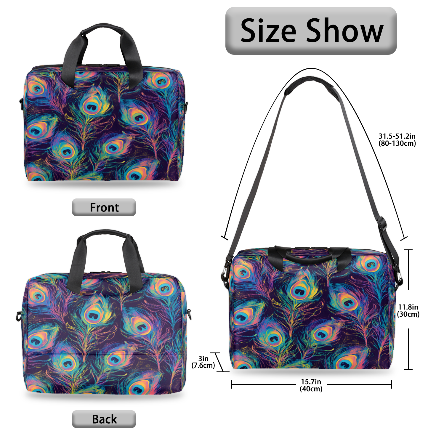 Herdesigns Peacock Feather Laptop Bag for Women Men, Computer Case Briefcase Messenger Bags, 15-15.6 inch Laptop Sleeve Shoulder Bag