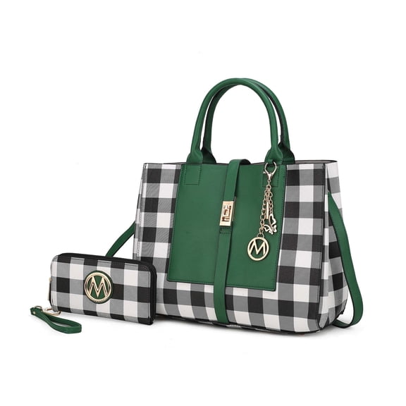 MKF Collection Yuliana Women's Satchel Bag with Wallet, Checkered Vegan Leather Handbag Purse Set by Mia K. - Green